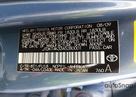 2010 Toyota Yaris z USA, uszkodzony, nr VIN JTDKT4K33A5280001